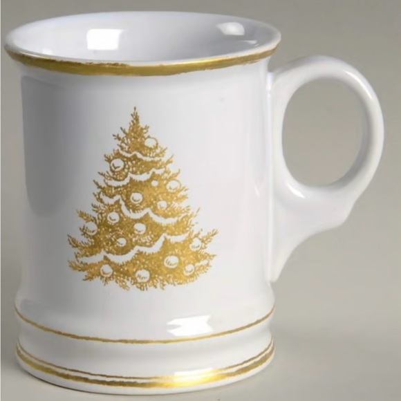 Williams Sonoma white gold tone Mono Christmas Tree Coffee Cup Mugs Set of 2 - Picture 1 of 9